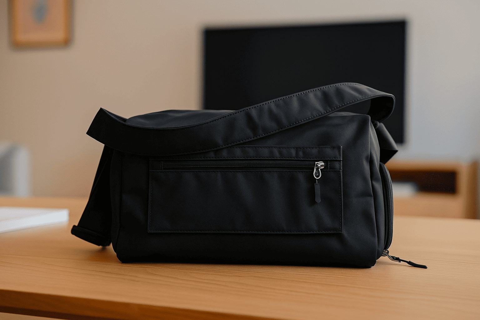 Black shoulder bag on a wooden table with a blurred background