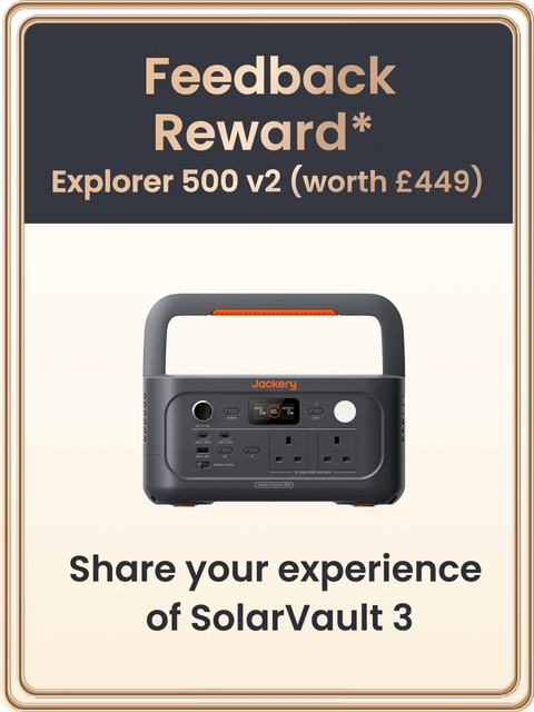 Promotional graphic for a Jackery Explorer 500 v2 feedback reward, showing the portable power station centered on a cream background with a dark gray header reading 'Feedback Reward* Explorer 500 v2 (worth £449)' and text below inviting experience sharing.