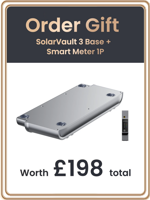 Promotional graphic for an order gift featuring a SolarVault 3 Base and a Smart Meter 1P. The image shows a dark gray banner at the top with gold text reading 'Order Gift SolarVault 3 Base + Smart Meter 1P', a silver-gray SolarVault base unit in the center, a small vertical smart meter on the right, and 'Worth £198 total' at the bottom.