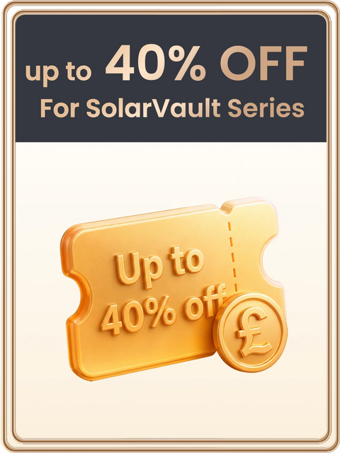 Promotional graphic for SolarVault Series offering up to 40% off, featuring a golden ticket and coin icon on a cream background with a dark gray header.