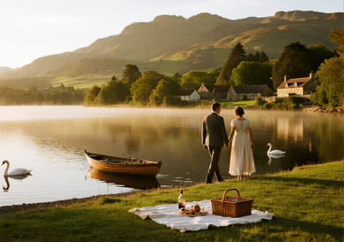 Romantic lakeside picnic