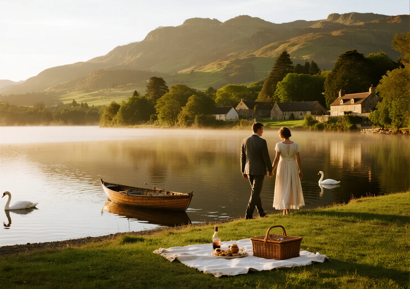 Romantic lakeside picnic