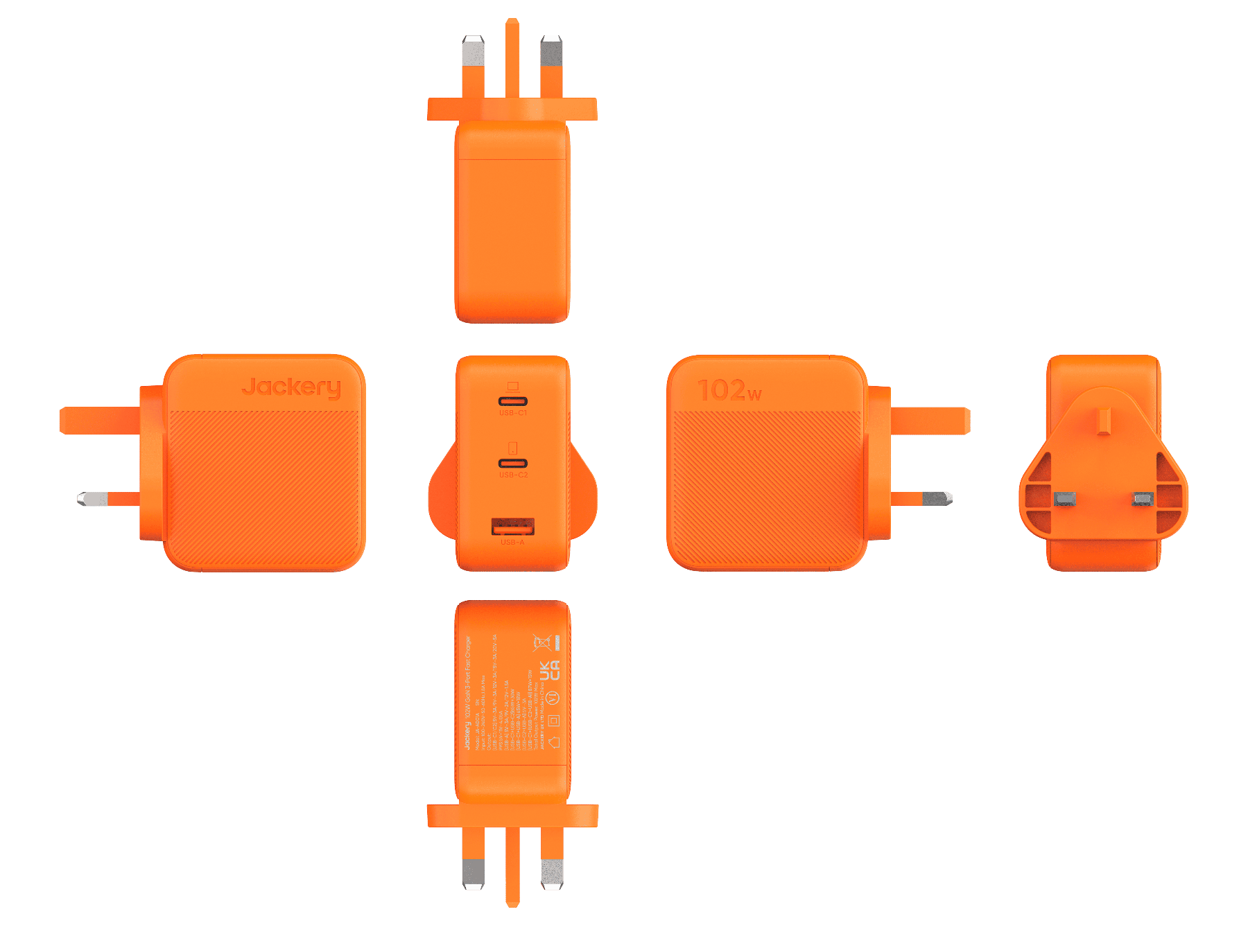 Different Angle Views of Jackery orange 102W travel adapters on a transparent background