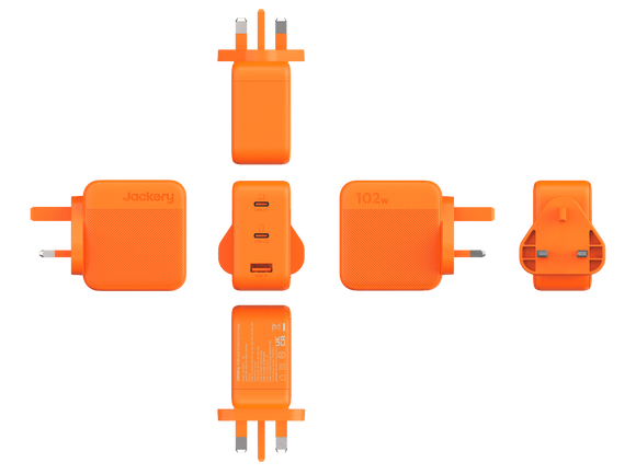Different Angle Views of Jackery orange 102W travel adapters on a transparent background
