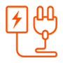 Icon of a robot with a power symbol on an orange background