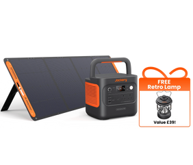 Jackery portable power station with solar panel and free retro lamp offer on a white background