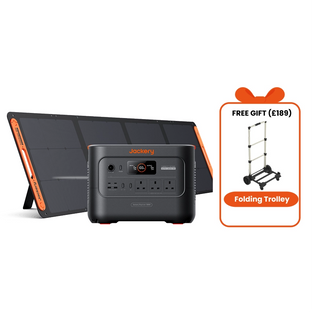 Jackery portable power station with solar panel and folding trolley offer on a white background