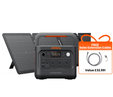 Jackery portable power station 1000 Plus shown with two fold-out solar panels and a promotional badge offering a free solar extension cable.