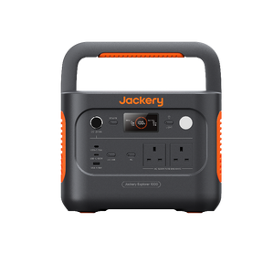 Jackery Explorer 1000 v2 Portable power station with Jackery branding, featuring multiple power outlets, a digital display, and carrying handles in a black and orange color scheme.