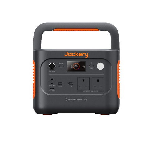 Jackery Explorer 1000 v2 Portable power station with Jackery branding, featuring multiple power outlets, a digital display, and carrying handles in a black and orange color scheme.