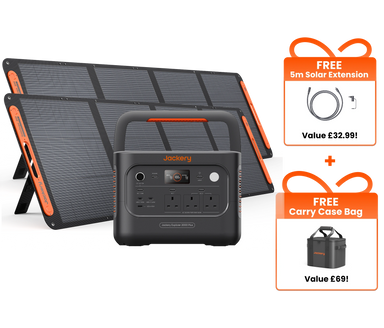 Jackery portable power station 2000 Plus v2 shown with two foldable solar panels and promotional gift callouts for a free 5m solar extension and free carry case bag.
