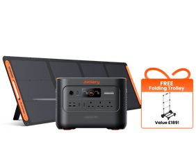Jackery power station with solar panel and free folding trolley offer on a black background