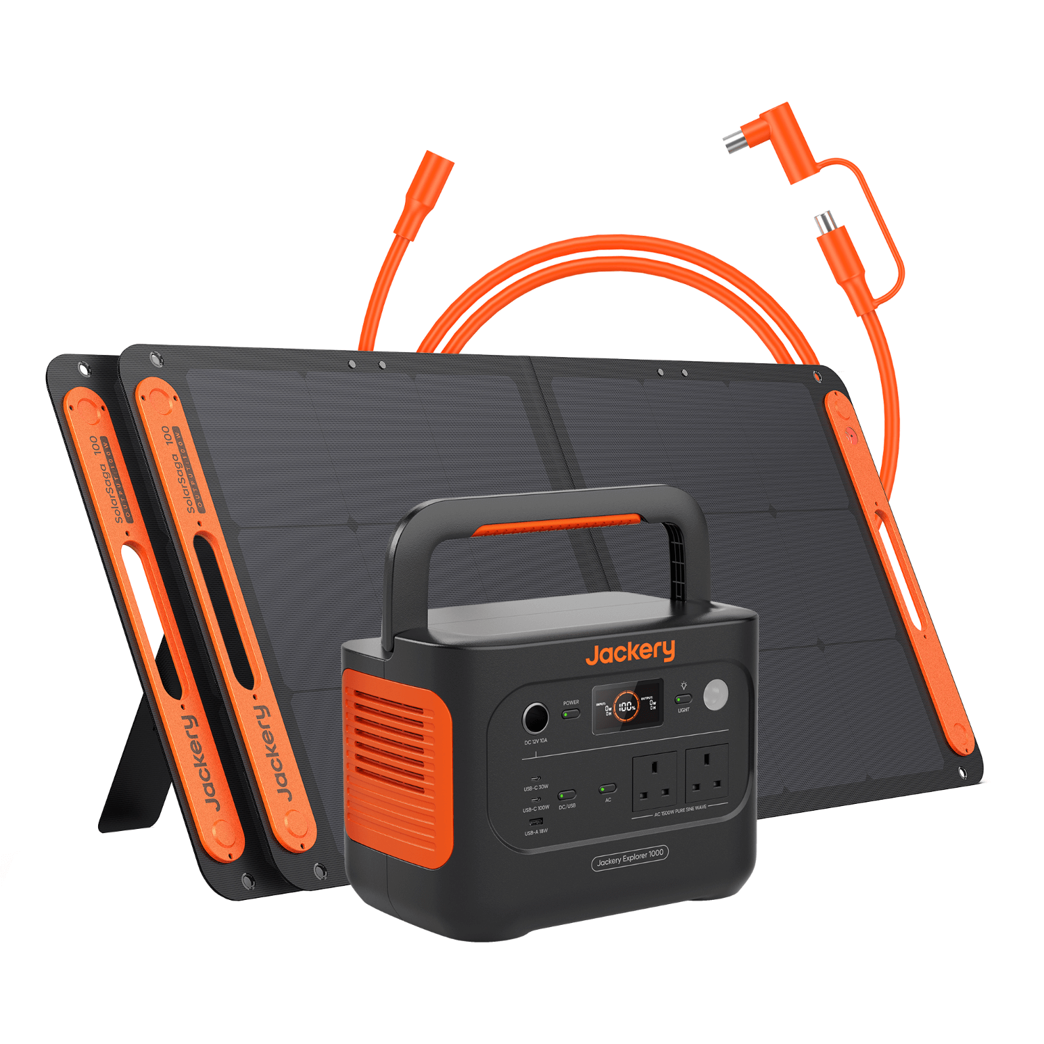 Jackery Explorer 1000 v2 with 2 pieces SolarSaga 100W Solar Panel and a 5-meter Solar extension cable.