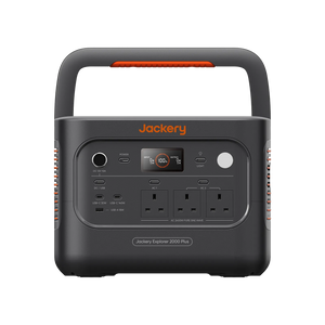 Jackery Explorer 2000 Plus v2 portable power station with a built-in handle, front-facing view on a solid white background.