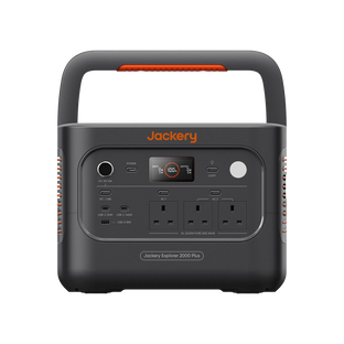 Jackery Explorer 2000 Plus v2 portable power station with a built-in handle, front-facing view on a solid white background.