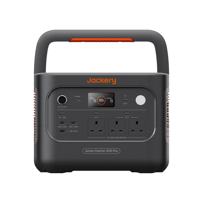 Jackery Explorer 2000 Plus v2 portable power station with a built-in handle, front-facing view on a solid white background.