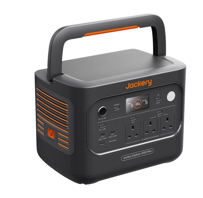 Jackery Explorer 2000 Plus v2 portable power station in dark gray with orange accents, featuring a built-in handle, digital display screen, and multiple power outlets on a white background.