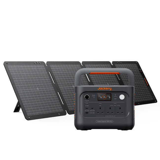 Jackery 1000 Plus v2 portable power station 1000 W with a foldable 100W solar panel system, shown on a clean white background.