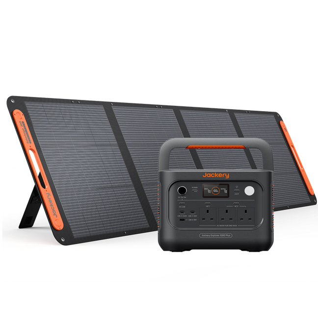 Jackery 1000 Plus v2 portable power station and foldable 200W solar panel bundle, featuring a black and orange solar panel folded into a stand with a matching black and orange portable power station in front, on a white background.