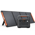 Jackery 1000 Plus v2 portable power station and foldable 200W solar panel bundle, featuring a black and orange solar panel folded into a stand with a matching black and orange portable power station in front, on a white background.