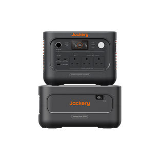 Jackery portable power station stack showing the front and back of the Jackery Explorer 1000 Plus v2 and Battery Pack 2000 Plus v2 on a solid white background.