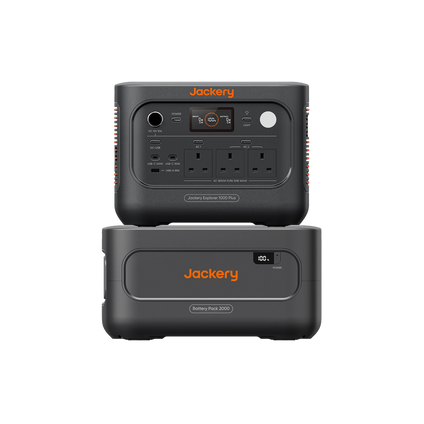 Jackery portable power station stack showing the front and back of the Jackery Explorer 1000 Plus v2 and Battery Pack 2000 Plus v2 on a solid white background.