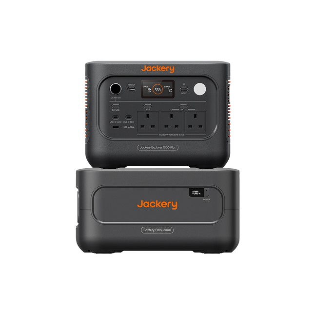 Jackery portable power station stack showing the front and back of the Jackery Explorer 1000 Plus v2 and Battery Pack 2000 Plus v2 on a solid white background.