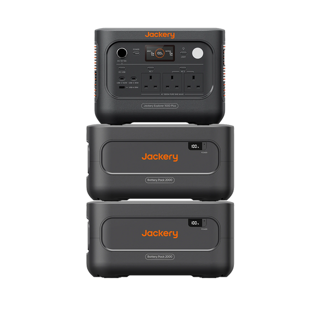 Three stacked Jackery portable power stations (), shown on a plain white Explorer 1000 Plus v2 and 2 battery packs, together 5kWh). The top unit displays its power distribution panel, while the bottom two show the front battery compartments.