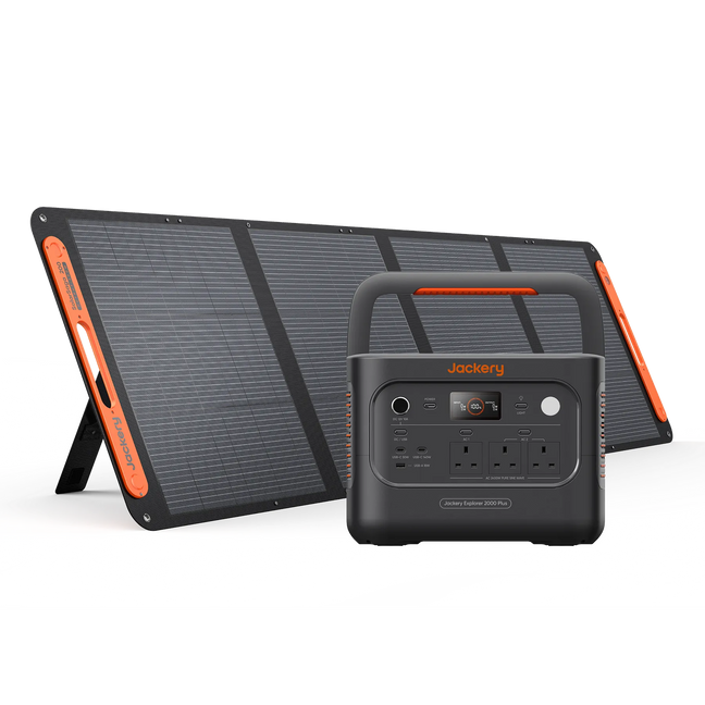 Jackery 2000 Plus v2 portable power station and foldable solar panel bundle on a clean white background. The black power station with orange accents is in front, and the matching solar panel stands behind it on its fold-out stand.