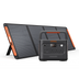 Jackery 2000 Plus v2 portable power station and foldable solar panel bundle on a clean white background. The black power station with orange accents is in front, and the matching solar panel stands behind it on its fold-out stand.