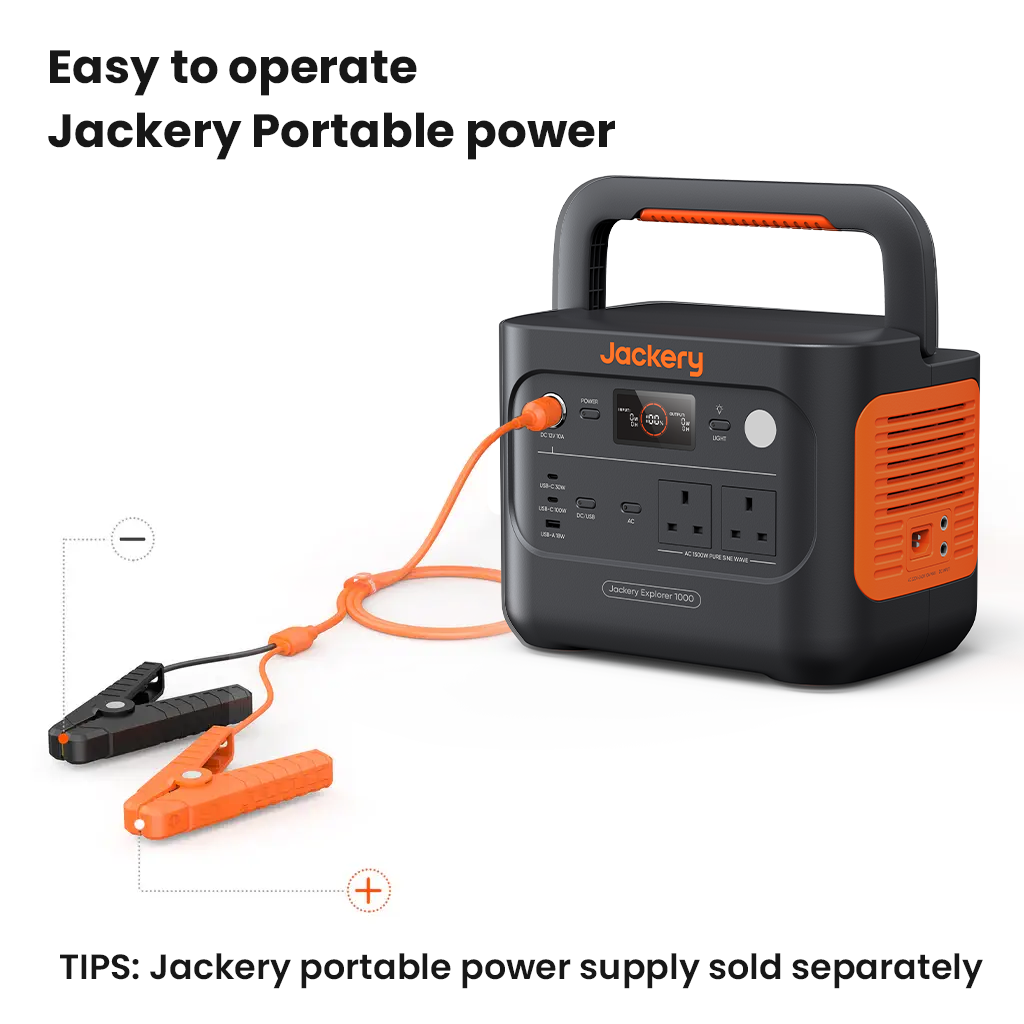 Jackery portable power station with a 12V Car Battery Charging Cable on a white background