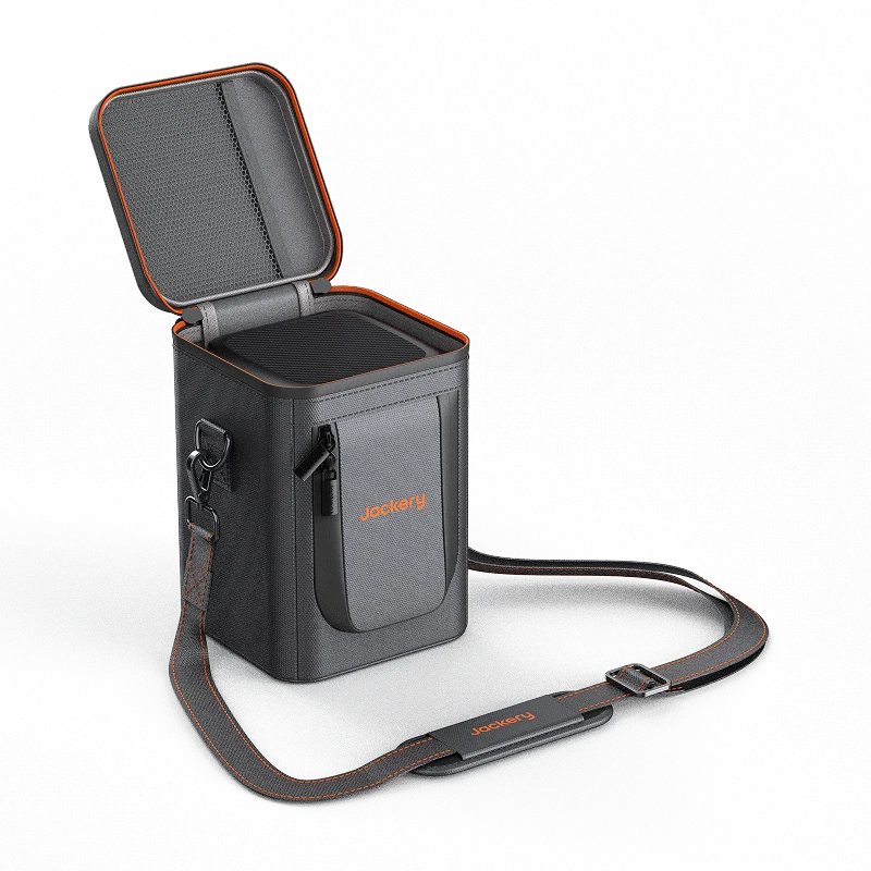 Gray cooler bag with orange accents on a white background