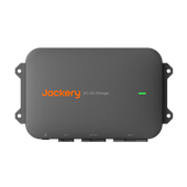 Jackery DC-DC Charger in dark gray with orange brand logo and a green power indicator light, shown on a plain white background.