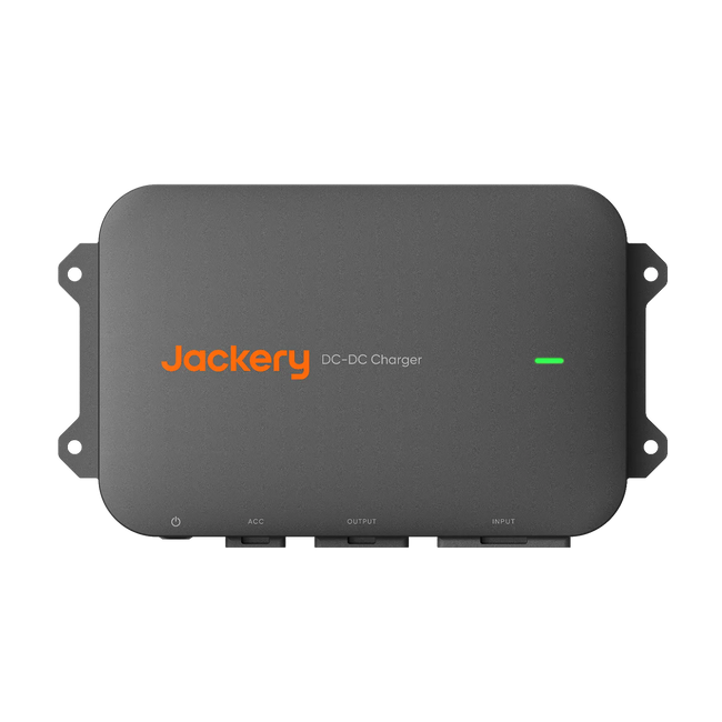 Jackery DC-DC Charger in dark gray with orange brand logo and a green power indicator light, shown on a plain white background.