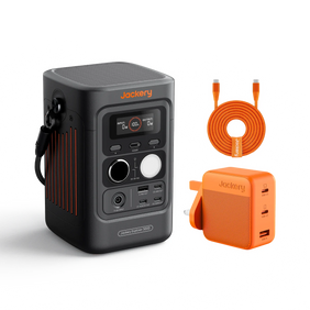 Jackery Explorer 300D portable power station, adapter, and cable on a white background