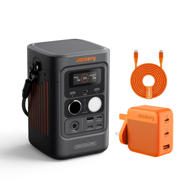 Jackery Explorer 300D portable power station, adapter, and cable on a white background