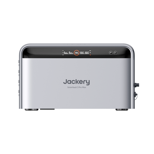 Jackery SolarVault 3 Pro Max  Solar Battery Home Storage in silver and black, shown from the front on a white background.