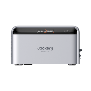Jackery SolarVault 3 Pro solar battery in a silver and black metallic finish, shown from the front on a solid white background.