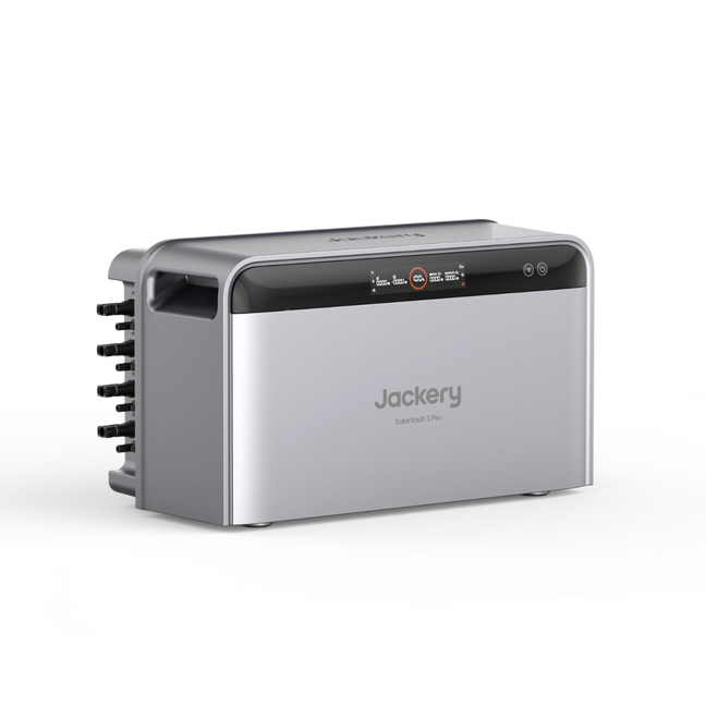 Jackery SolarVault 3 Pro Solar Home Battery in a silver color scheme, shown from a three-quarter angle on a white background.