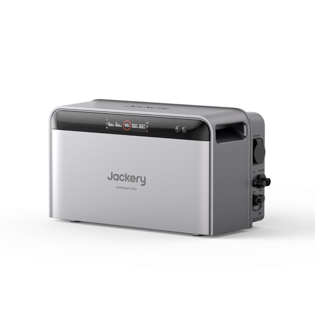 Jackery SolarVault 3 Pro power station in silver, shown from a three-quarter angle on a white background.