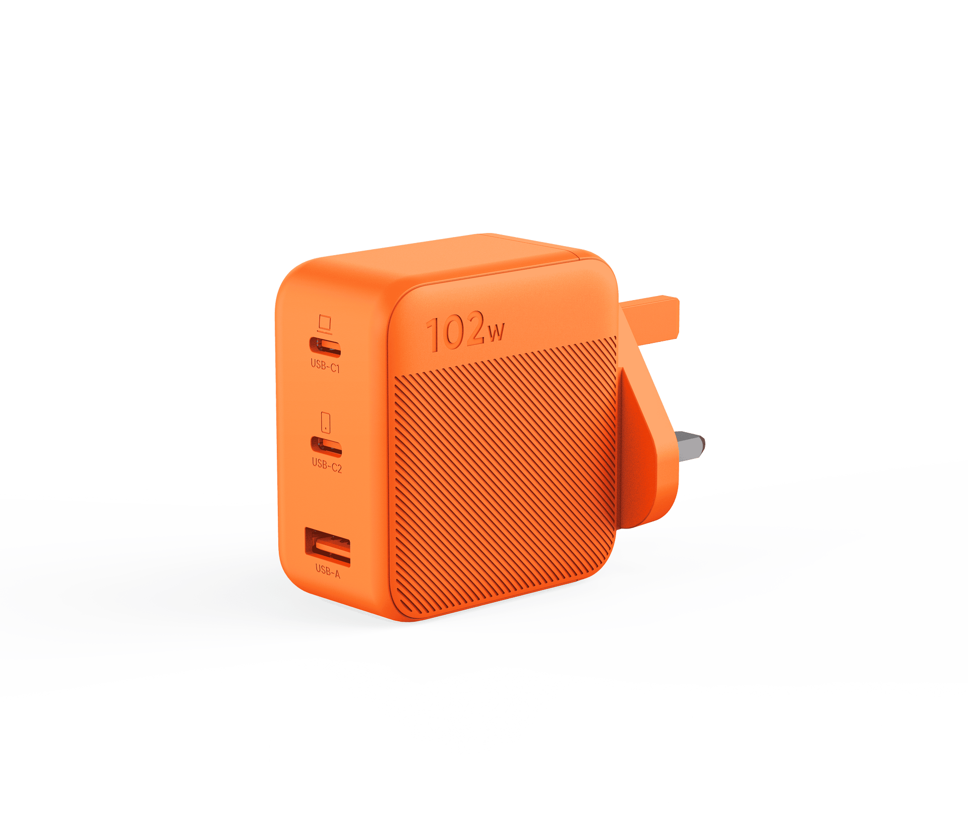 Orange power adapter with multiple ports on a white background
