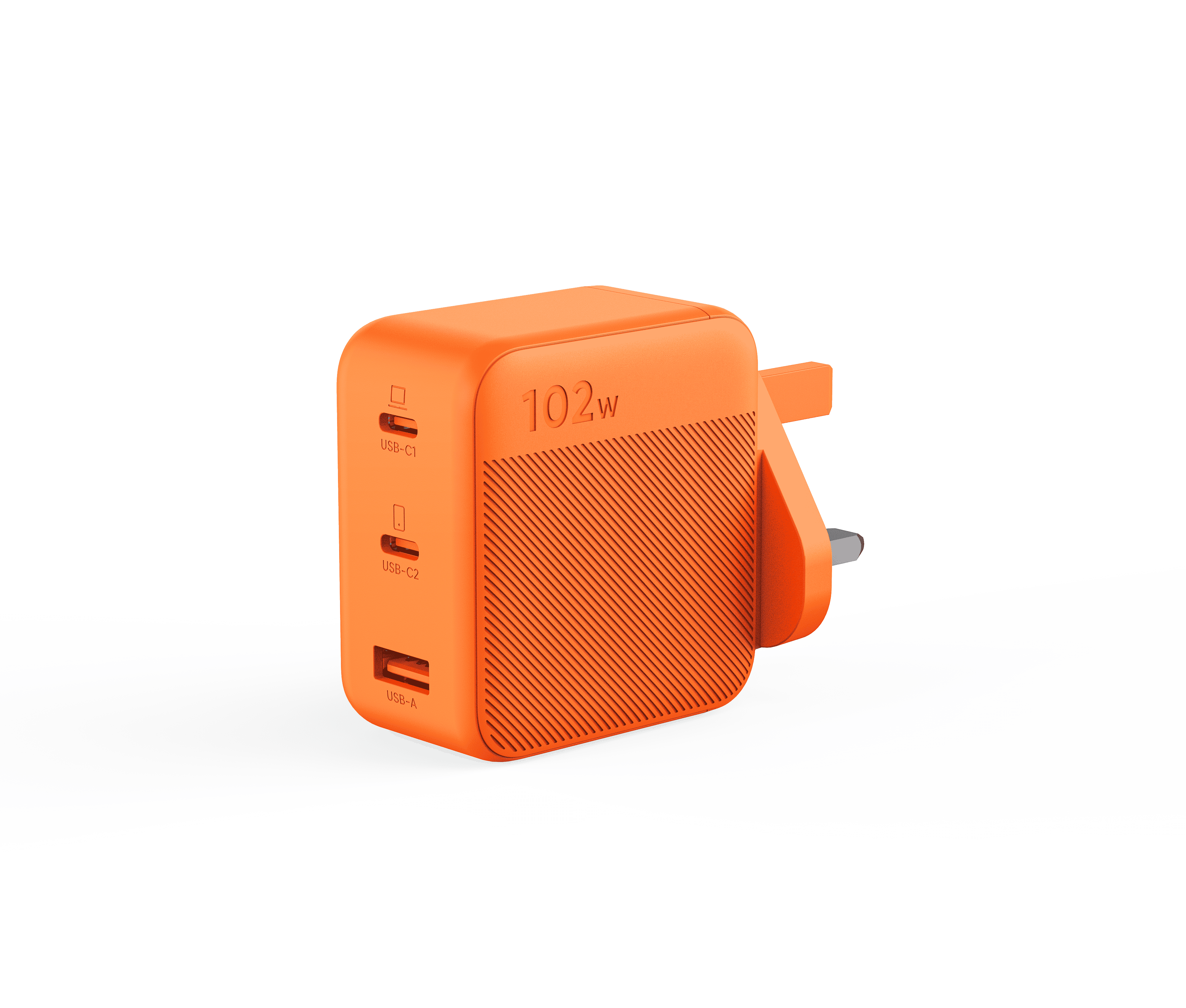 Orange power adapter with multiple ports on a white background