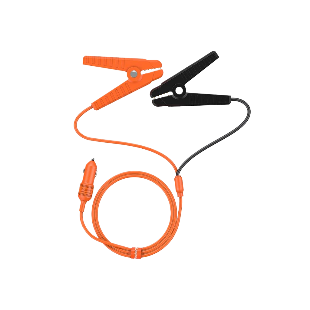 Jackery 12V Automobile Battery Charging Cable with Two alligator clips, one orange and one black, with a coiled cable on a white background.