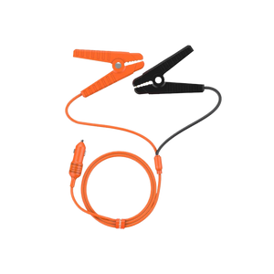 Jackery 12V Automobile Battery Charging Cable with Two alligator clips, one orange and one black, with a coiled cable on a white background.