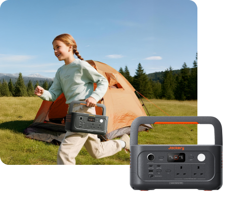 A portable power station shown in a camping lifestyle scene with a child running past a tent, plus a large product Jackery Explorer 500 v2 cutout of the power station on a white background.