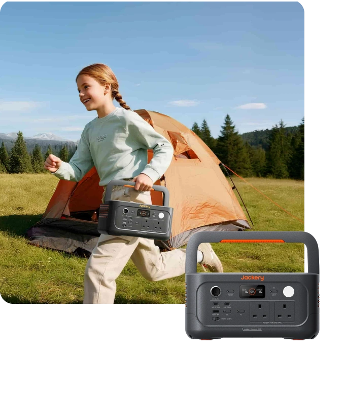 A portable power station shown in a camping lifestyle scene with a child running past a tent, plus a large product Jackery Explorer 500 v2 cutout of the power station on a white background.