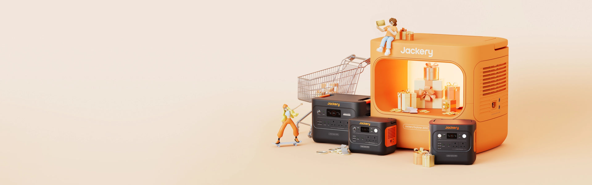 Three jackery portable power stations arranged with miniature toy figures and a shopping cart on a warm beige background.
