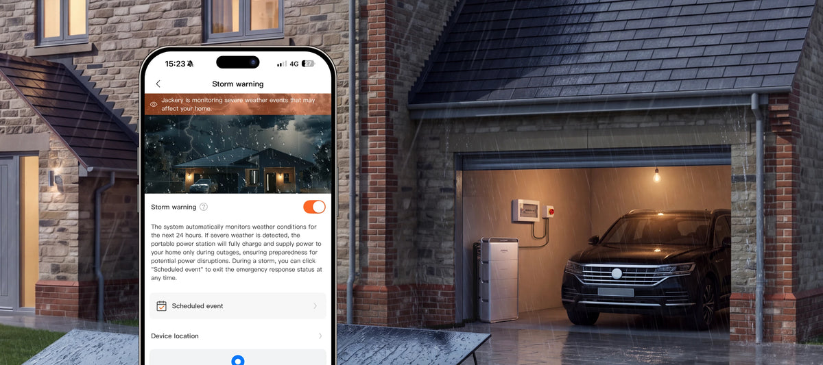 A smartphone displaying a weather app screen is shown in front of a real residential house with a garage door open and a dark SUV parked inside. The phone appears to demonstrate a weather-related service or app rather than showing a physical retail product.