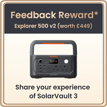 A promotional graphic for a Jockery Explorer 500 v2 portable power station, featuring a dark gray unit with orange accents and multiple outlets on the front. The top section reads 'Feedback Reward* Explorer 500 v2 (worth £449)' and the bottom reads 'Share your experience of SolarVault 3' on a cream background with a thin gold border.