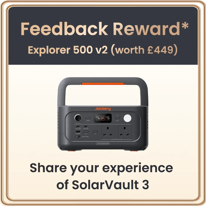 A promotional graphic for a Jockery Explorer 500 v2 portable power station, featuring a dark gray unit with orange accents and multiple outlets on the front. The top section reads 'Feedback Reward* Explorer 500 v2 (worth £449)' and the bottom reads 'Share your experience of SolarVault 3' on a cream background with a thin gold border.